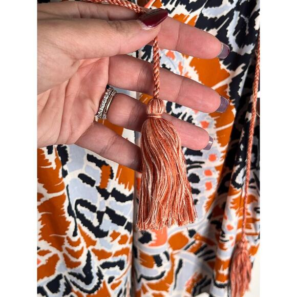 Marie Oliver Printed Puff Sleeve V-Neck Blouse Top Orange/Black/Blue Women's 1 - Picture 7 of 12